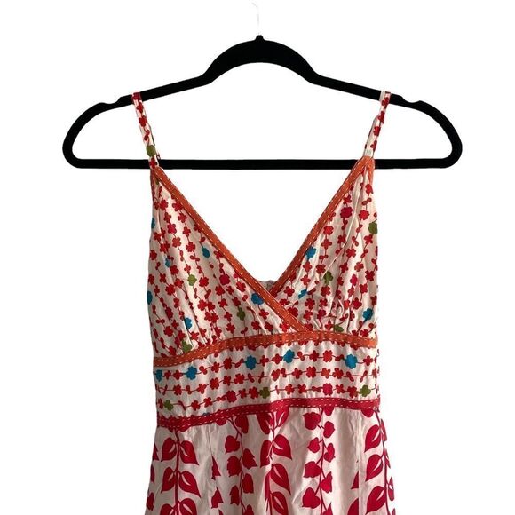 By DEEP LOS ANGELES Cotton Sleeveless Printed Wrap Midi Dress Cream Red M - Picture 3 of 5